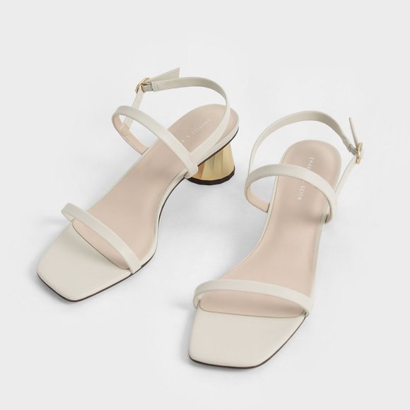 🟩 Charles & Keith Metallic Cone Heel Slingback Sandals - Chalk - Picture 2 of 8